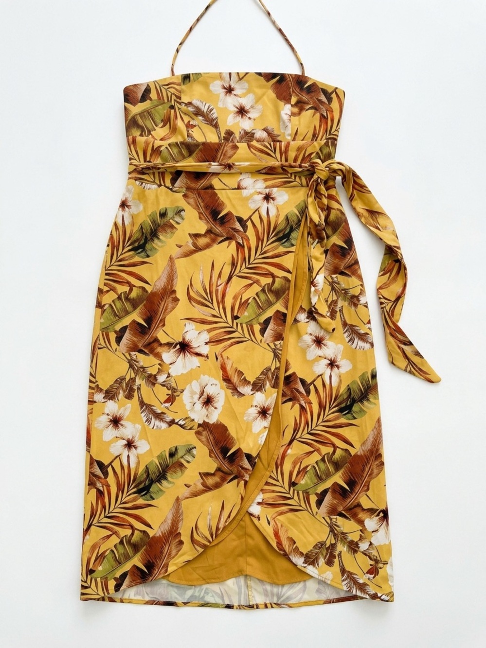 Yellow Floral Strapless Wrap Dress with Waist Tie